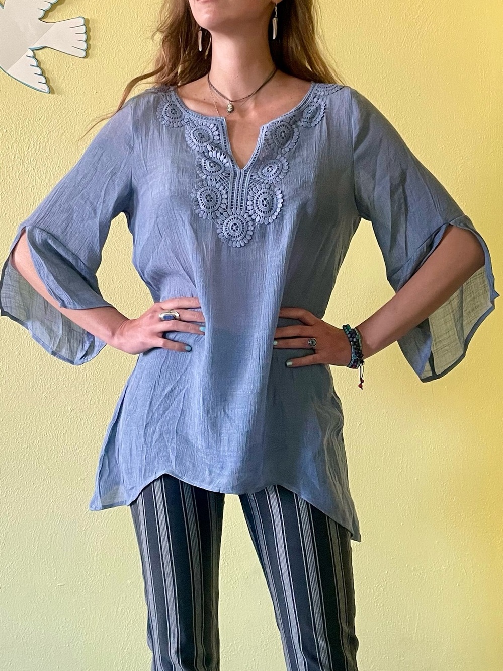 Lightweight Blue Embroidered V-Neck Summer Tunic